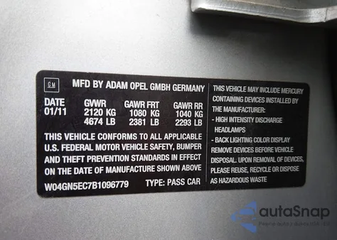 2011 Buick Regal Cxl Russelsheim z USA, uszkodzony, nr VIN W04GN5EC7B1096779